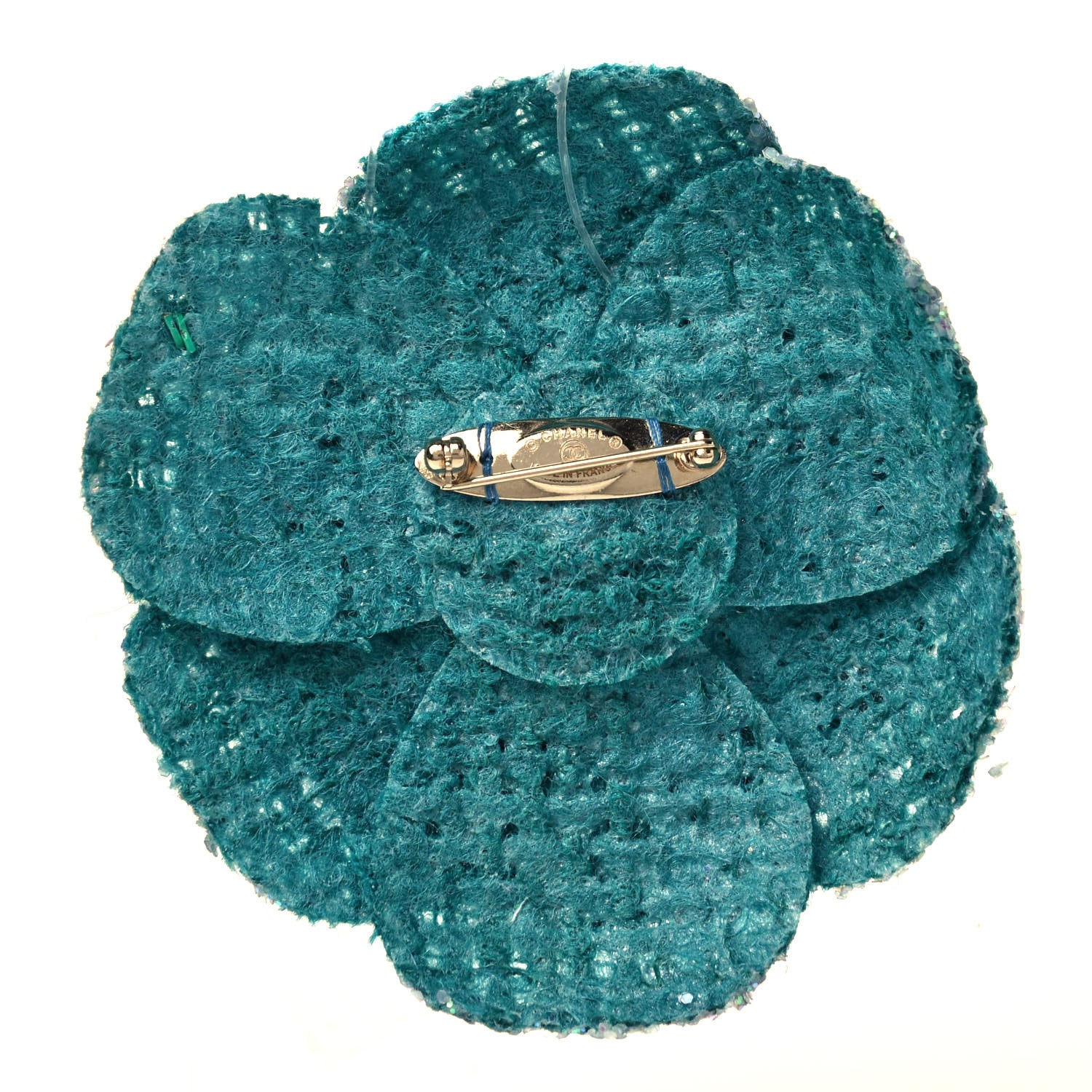 Chanel Tweed Camellia Pin Brooch Turquoise 4 of 5