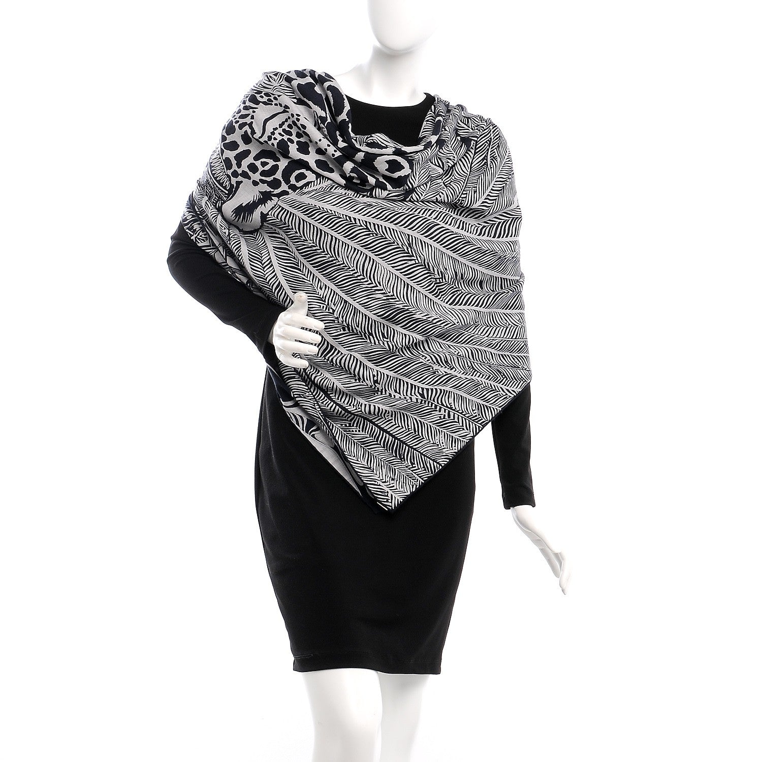 Hermes Cashmere Silk Jaguar Quetzal Shawl 140 Gris Chine Bleu Noir Gris 2 of 5