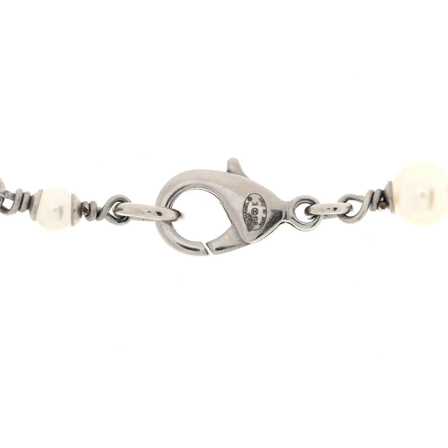 Pearl Beaded CC Charm Long Necklace Silver Black
