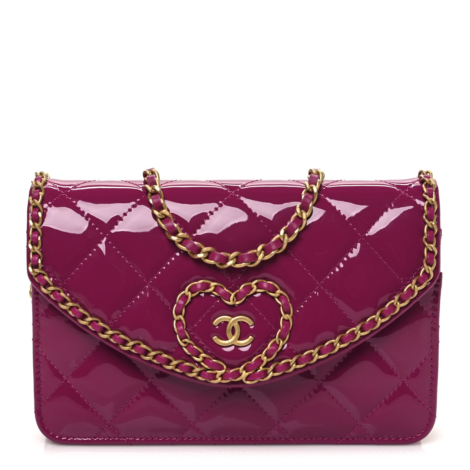 Chanel Patent Quilted Chain Around Heart Wallet On Chain WOC Fuchsia 1 of 11