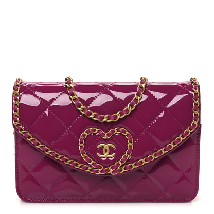 Chanel Patent Quilted Chain Around Heart Wallet On Chain WOC Fuchsia 1 of 11
