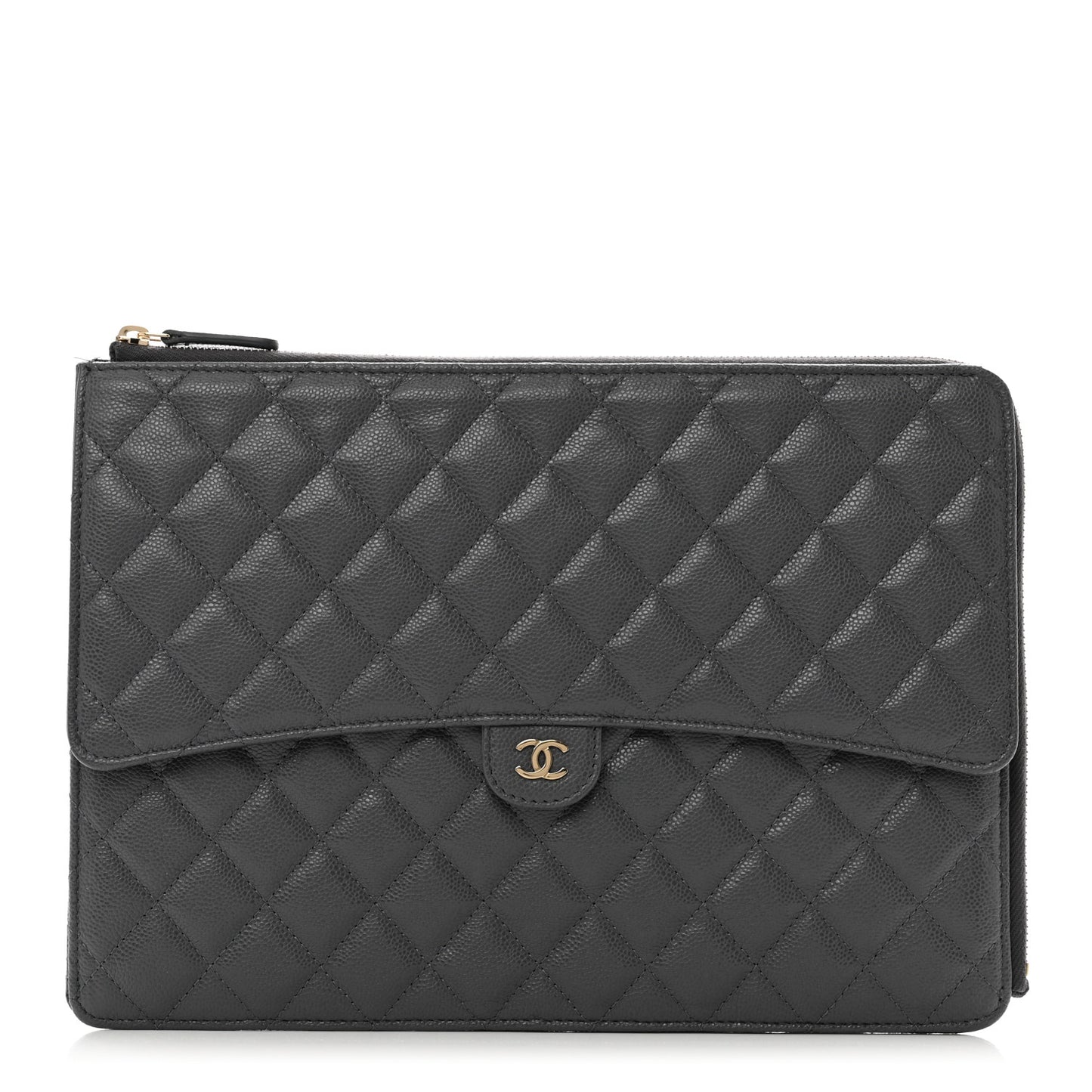 Caviar Quilted Large Flap Zip Clutch Grey