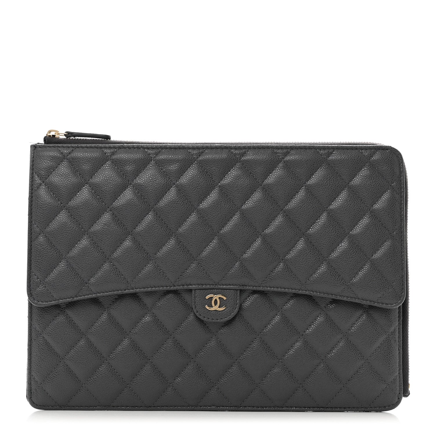 Chanel Caviar Quilted Large Flap Zip Clutch Grey 1 of 9