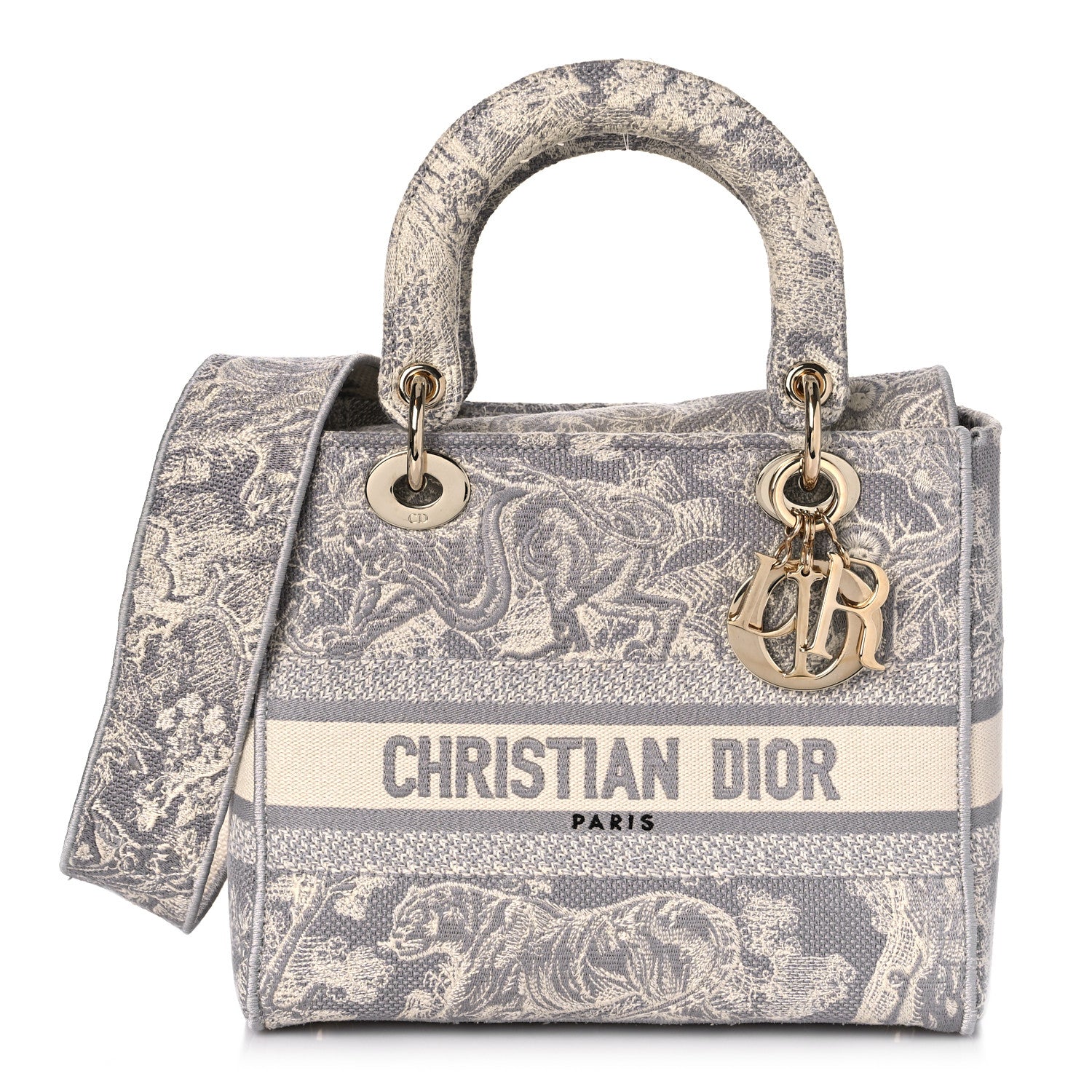 Christian Dior Canvas Toile De Jouy Reverse Embroidered Medium Lady D-Lite Fluorescent Grey 1 of 11