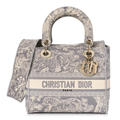 Christian Dior Canvas Toile De Jouy Reverse Embroidered Medium Lady D-Lite Fluorescent Grey 1 of 11