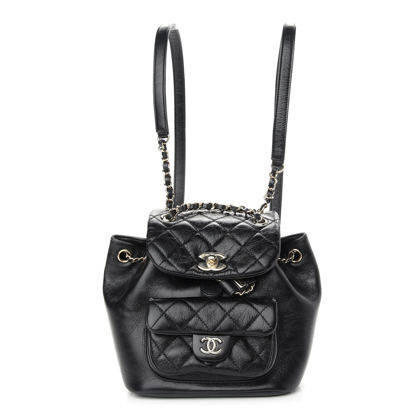 Glazed Aged Calfskin Quilted Small Duma Drawstring Backpack Black