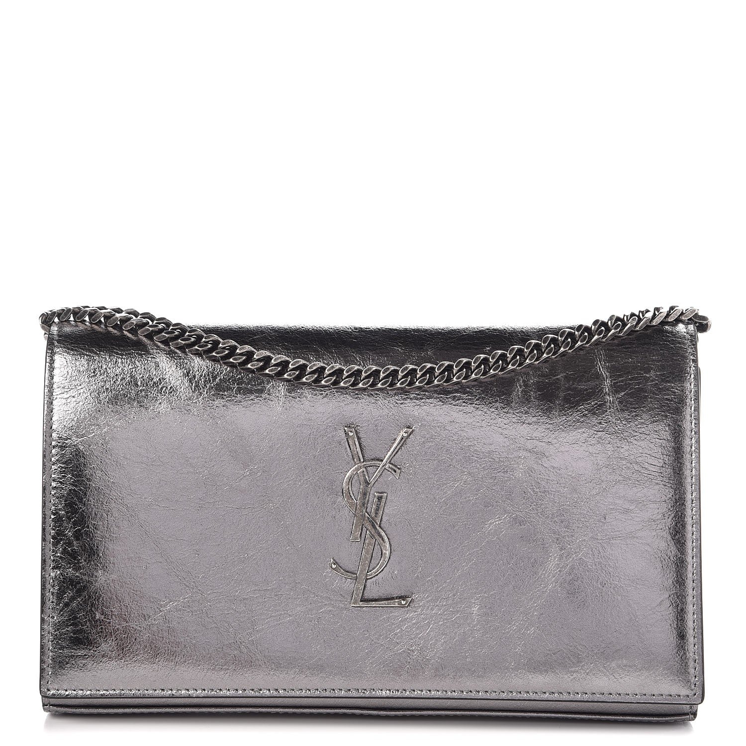 Saint Laurent Metallic Crackled Calfskin Monogram Chain Wallet Acciaio Nero 1 of 8