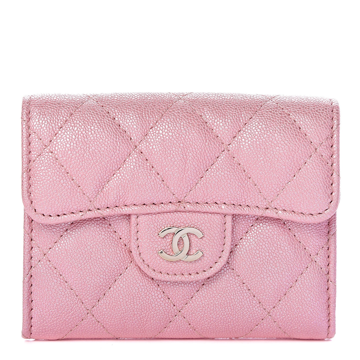 Iridescent Caviar Flap Quilted Card Holder Wallet Pink