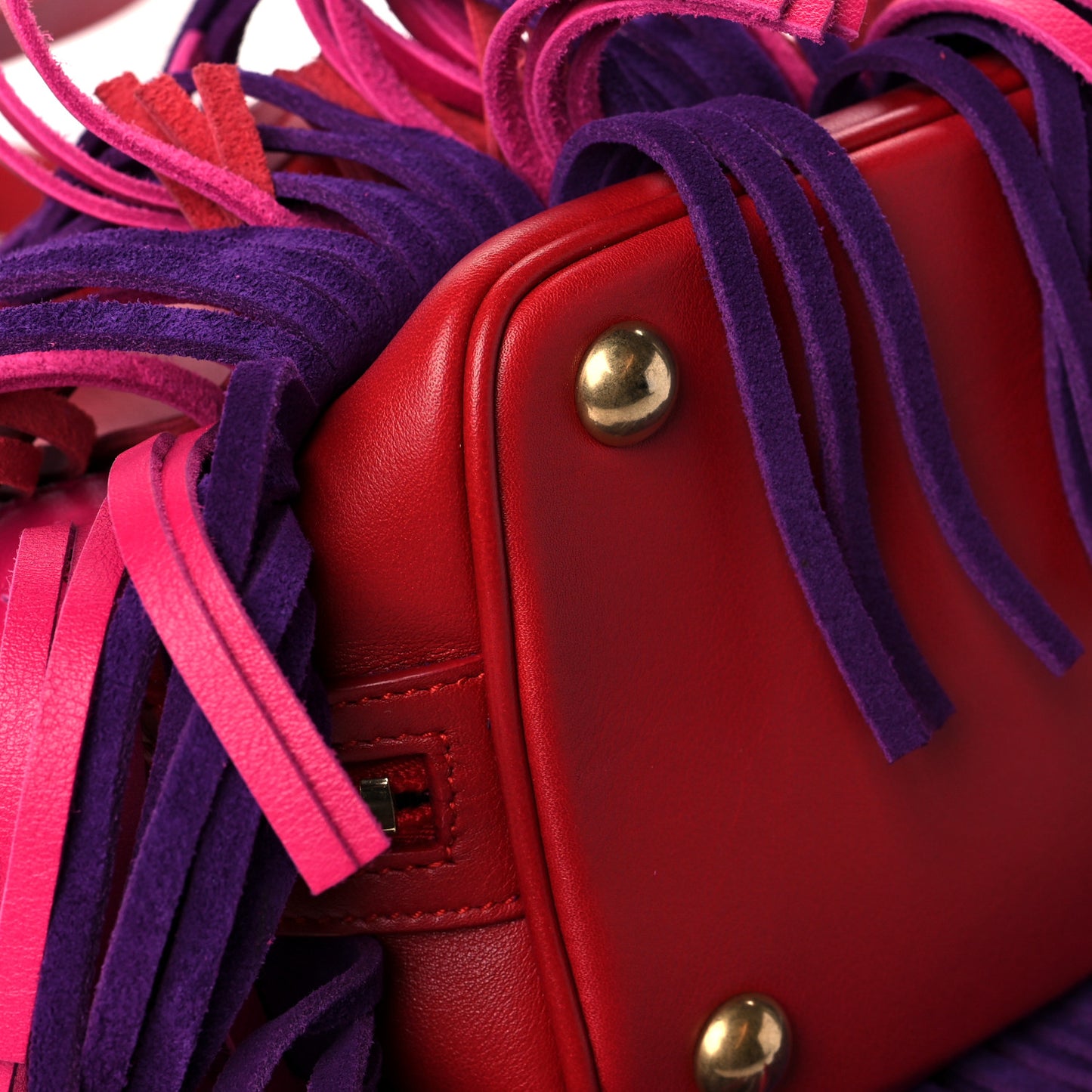 Calfskin Tri-Color Small Emmanuelle Fringe Bucket Bag Red Bubblegum Purple