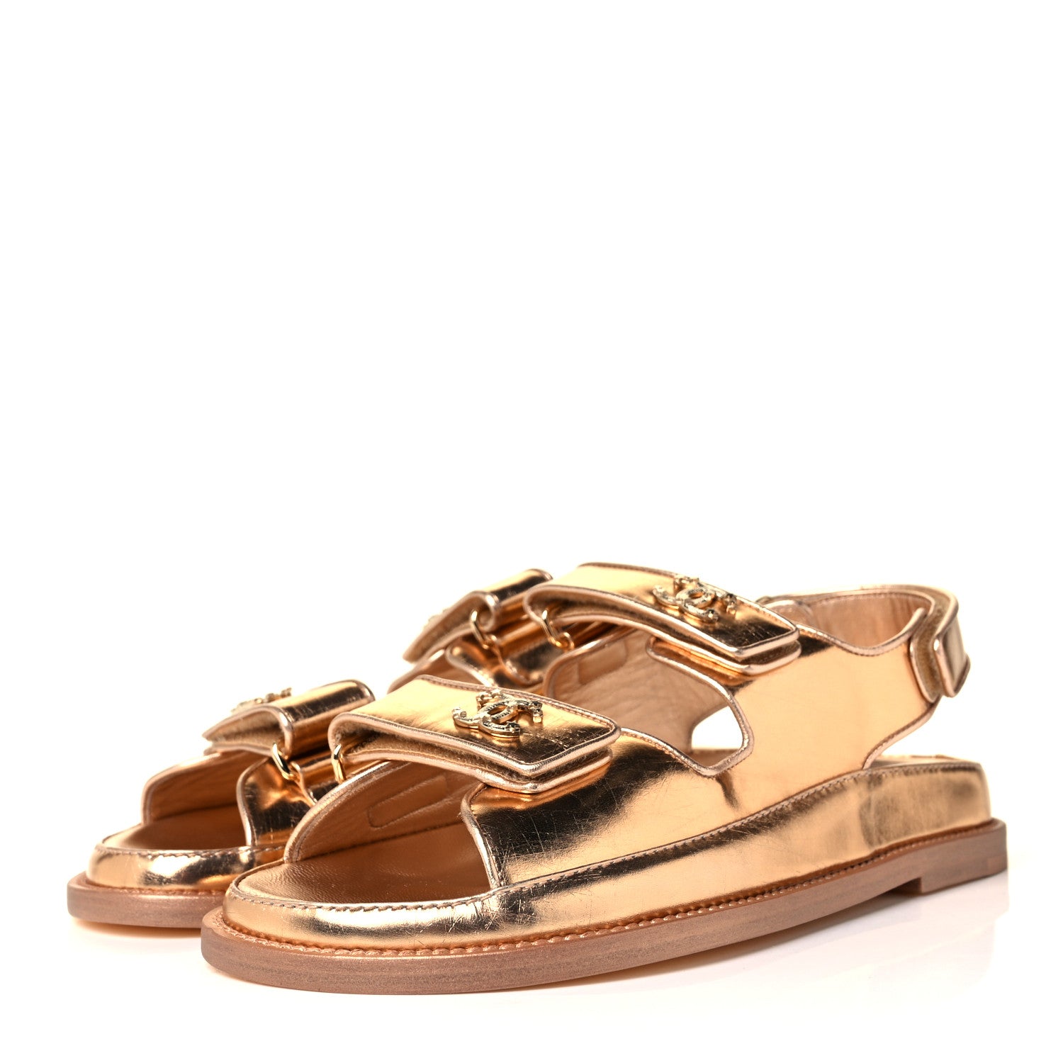 Chanel Metallic Laminated Calfskin Velcro Dad Sandals 37.5 Golden 3 of 9