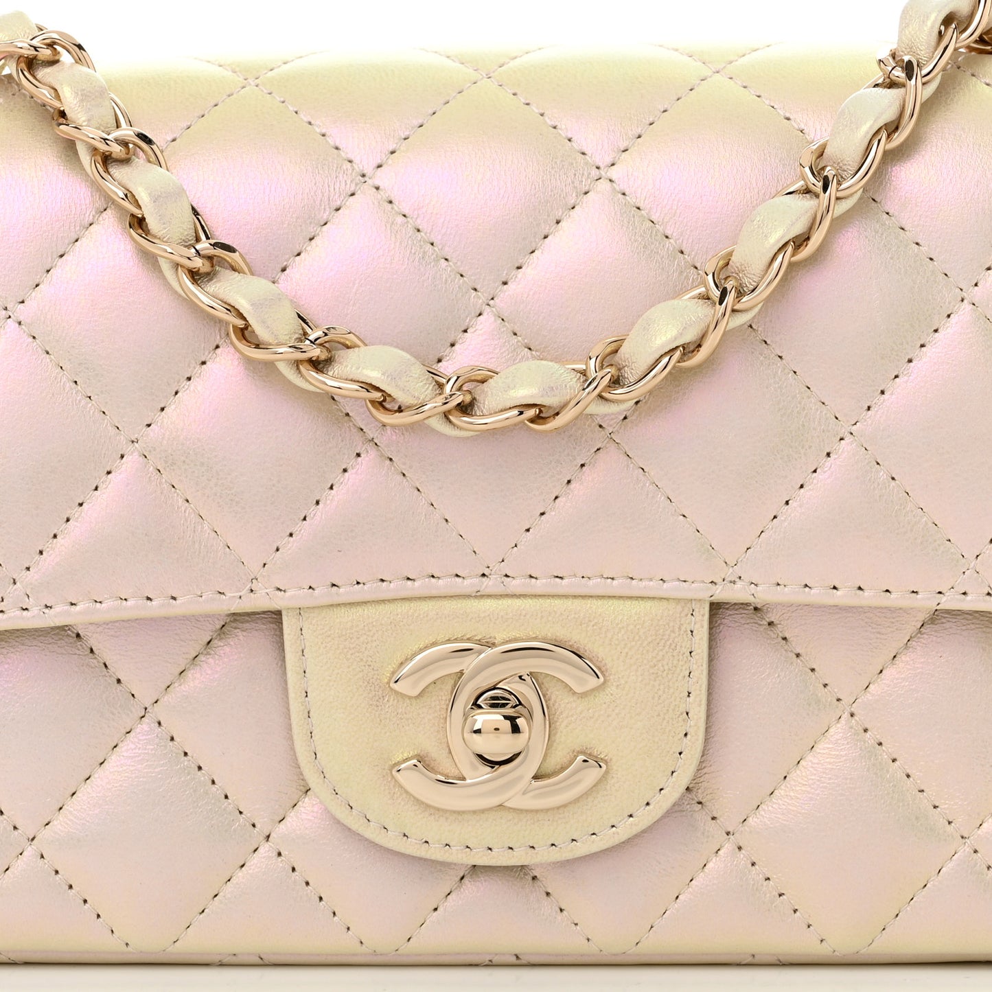 Iridescent Lambskin Quilted Mini Rectangular Flap Ivory