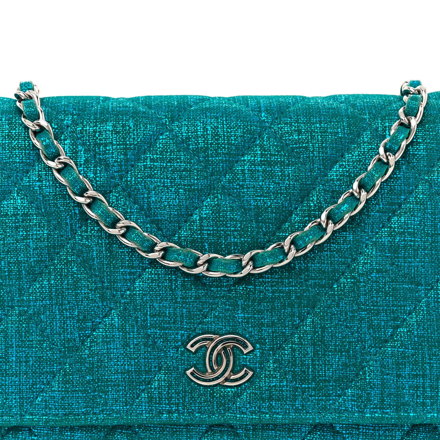 Metallic Iridescent Calfskin Wallet On Chain WOC Turquoise