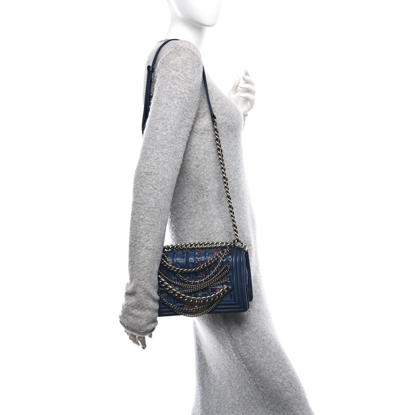 Lambskin Denim Tweed Medium Enchained Boy Flap Navy Blue