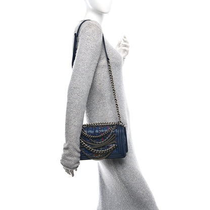 Chanel Lambskin Denim Tweed Medium Enchained Boy Flap Navy Blue 2 of 11