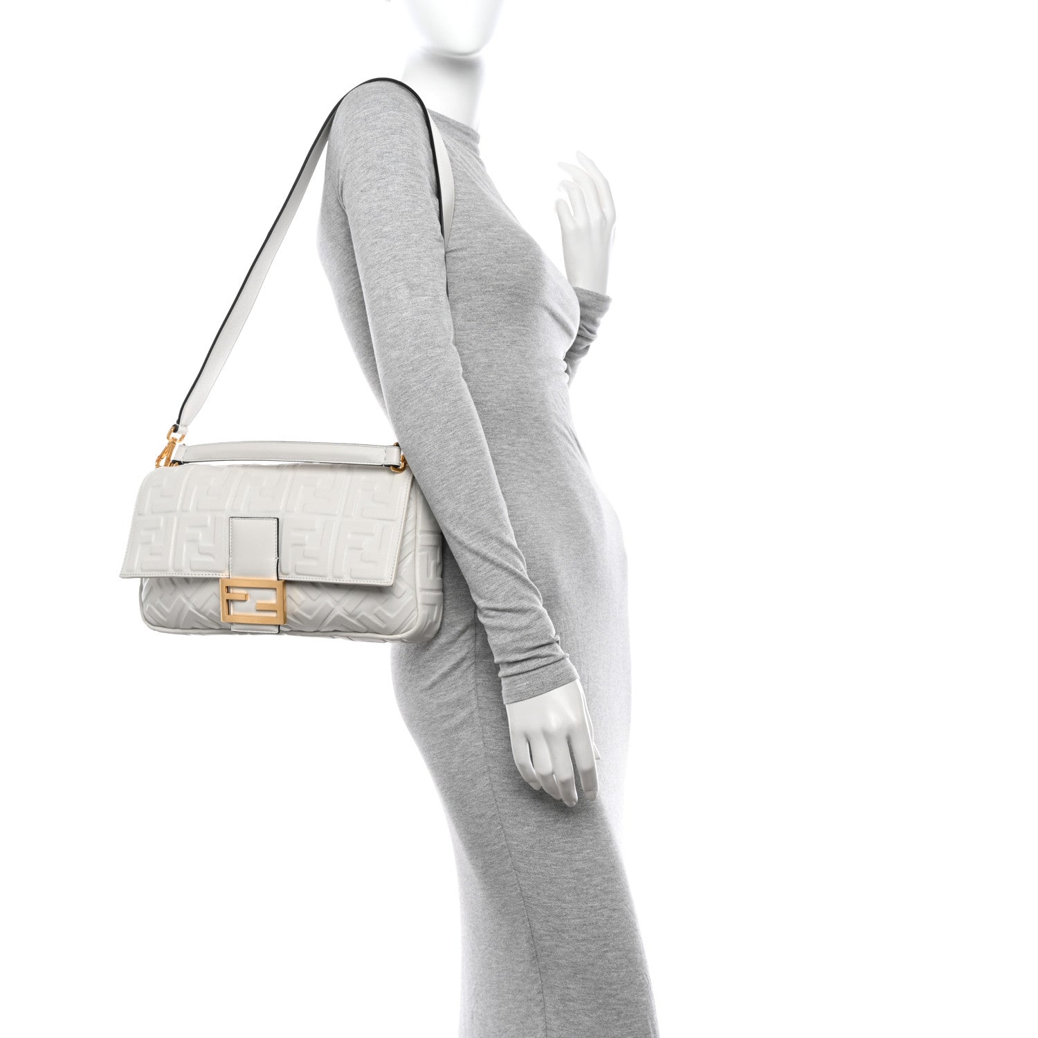 Fendi Nappa FF 1974 Embossed Large Baguette White 2 of 12
