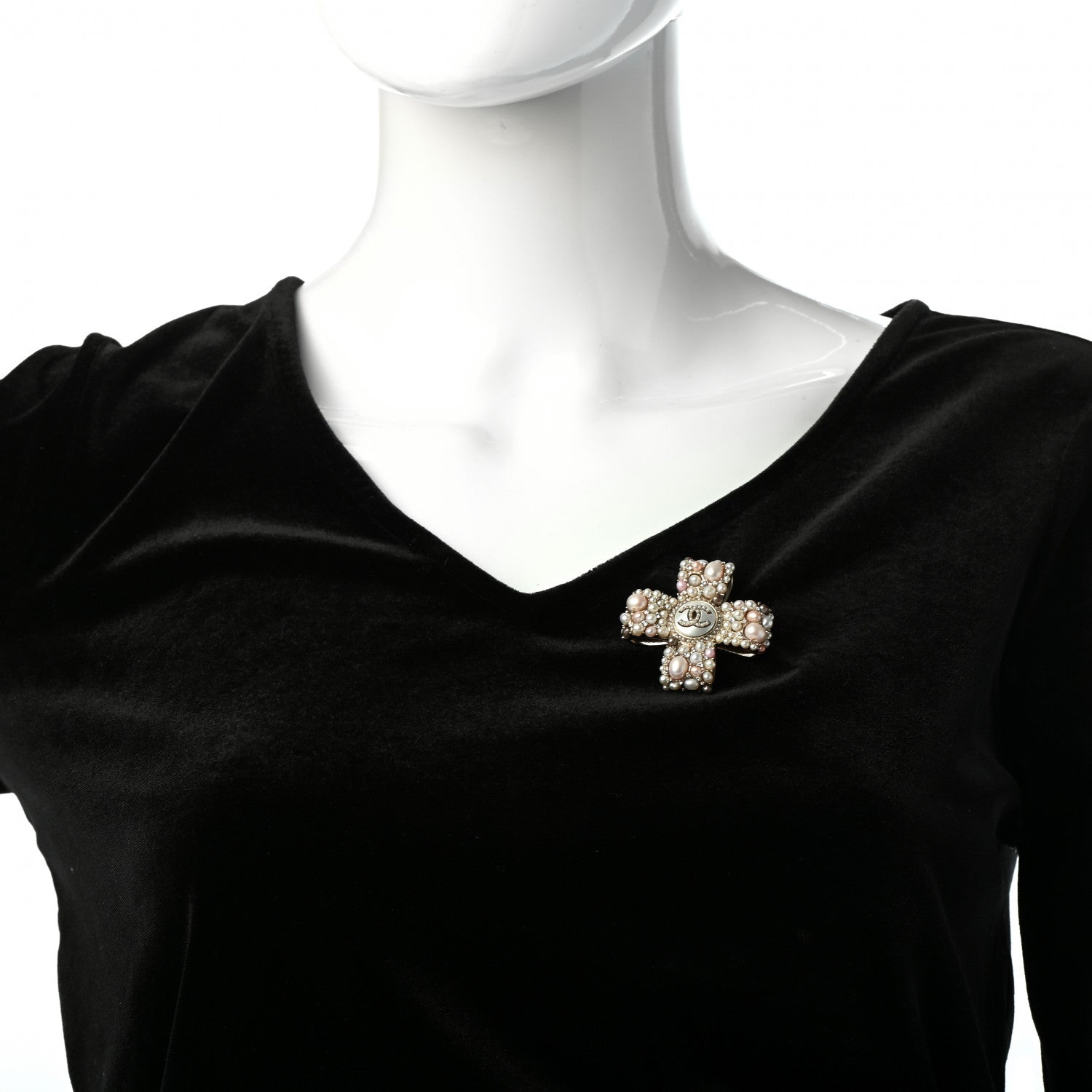Chanel Pearl Crystal CC Cross Brooch Light Gold Pink 2 of 4