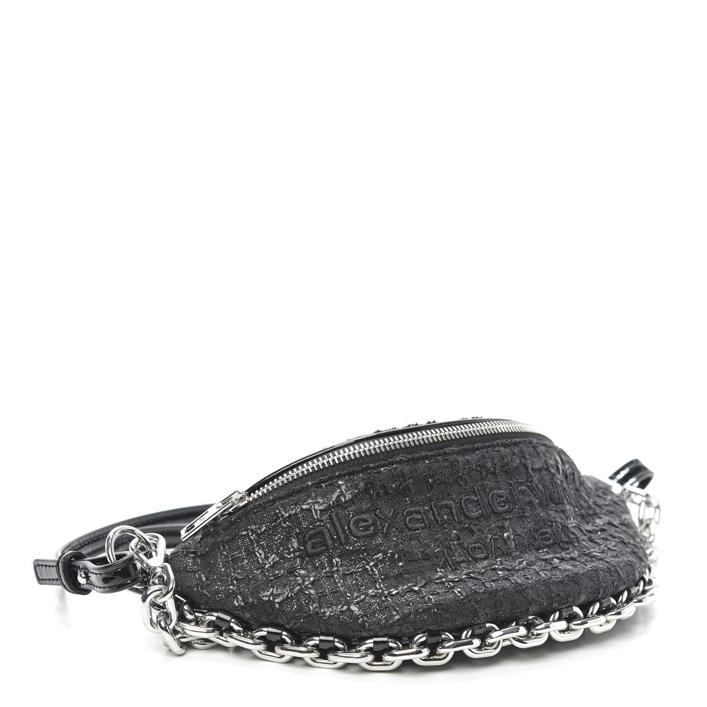 Patent Tweed Chain Embellished Attica Belt Bag Black