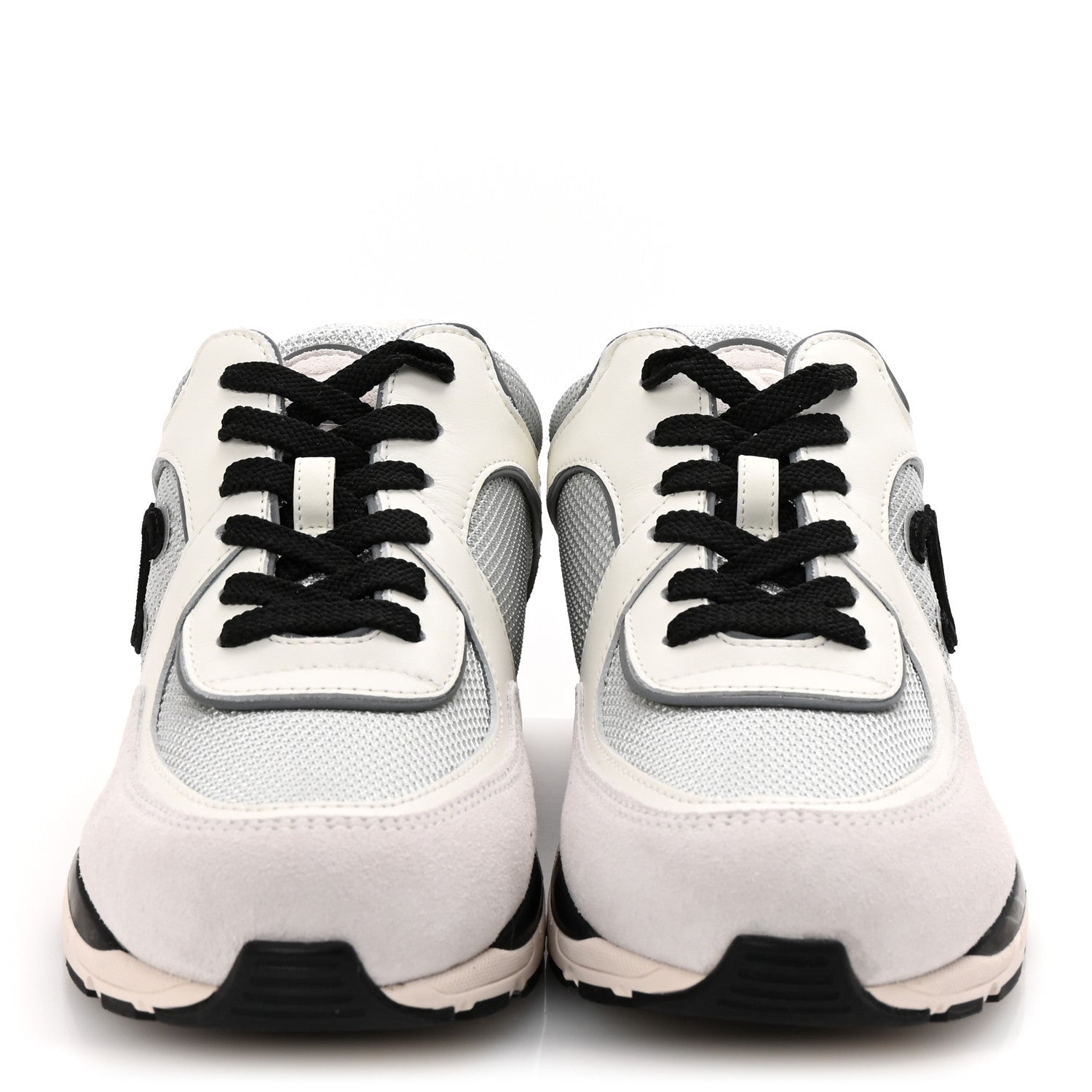 Chanel Calfskin Fabric Womens CC Sneakers 37 White Silver Light