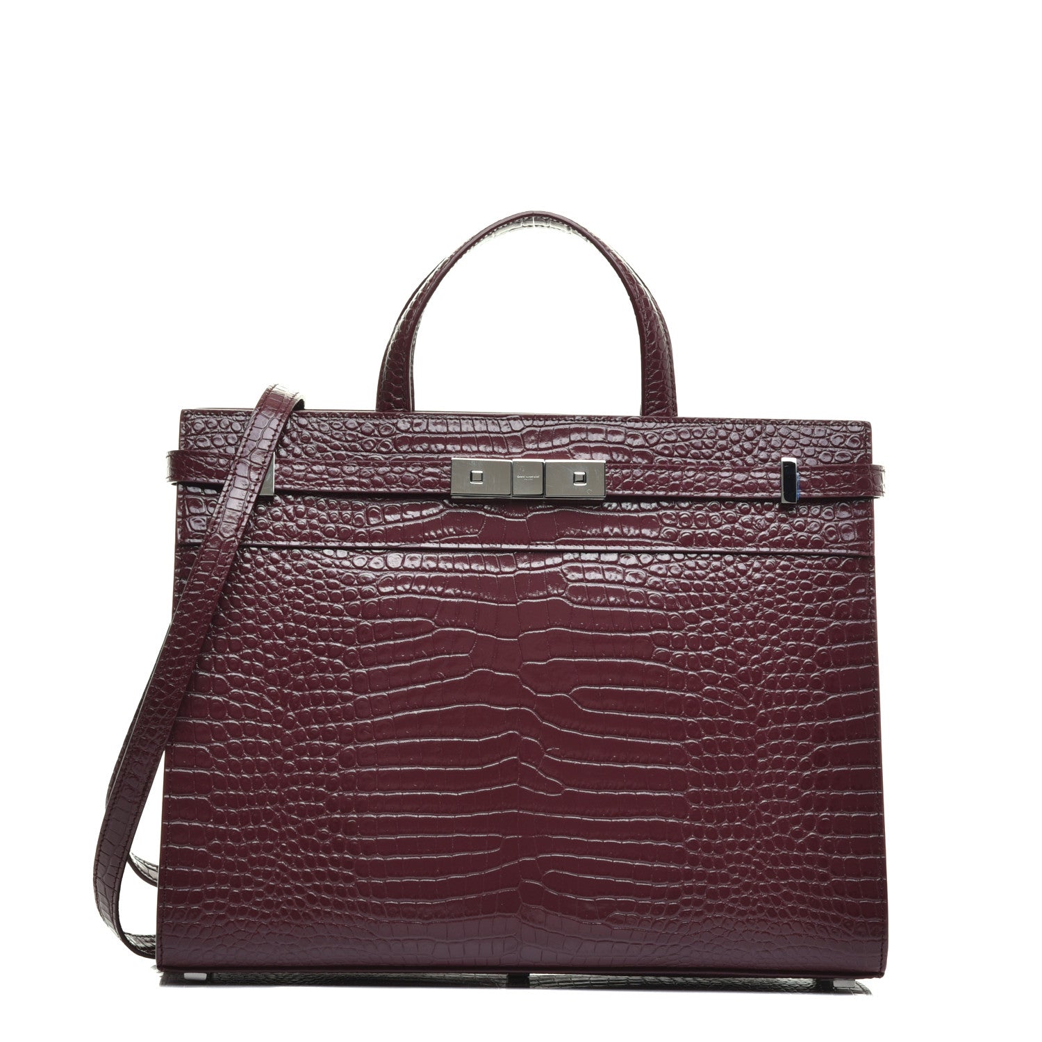 Saint Laurent Shiny Calfskin Crocodile Embossed Small Manhattan Shopper Tote Rouge Legion 1 of 9