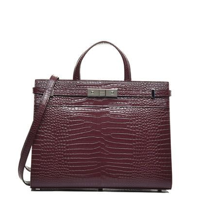 Saint Laurent Shiny Calfskin Crocodile Embossed Small Manhattan Shopper Tote Rouge Legion 1 of 9