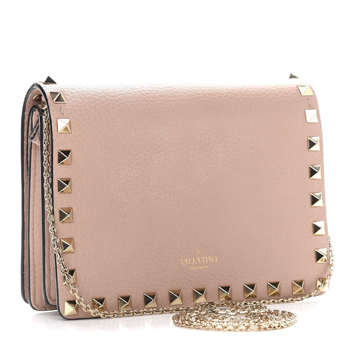 Pebbled Calfskin Rockstud Wallet on Chain Poudre