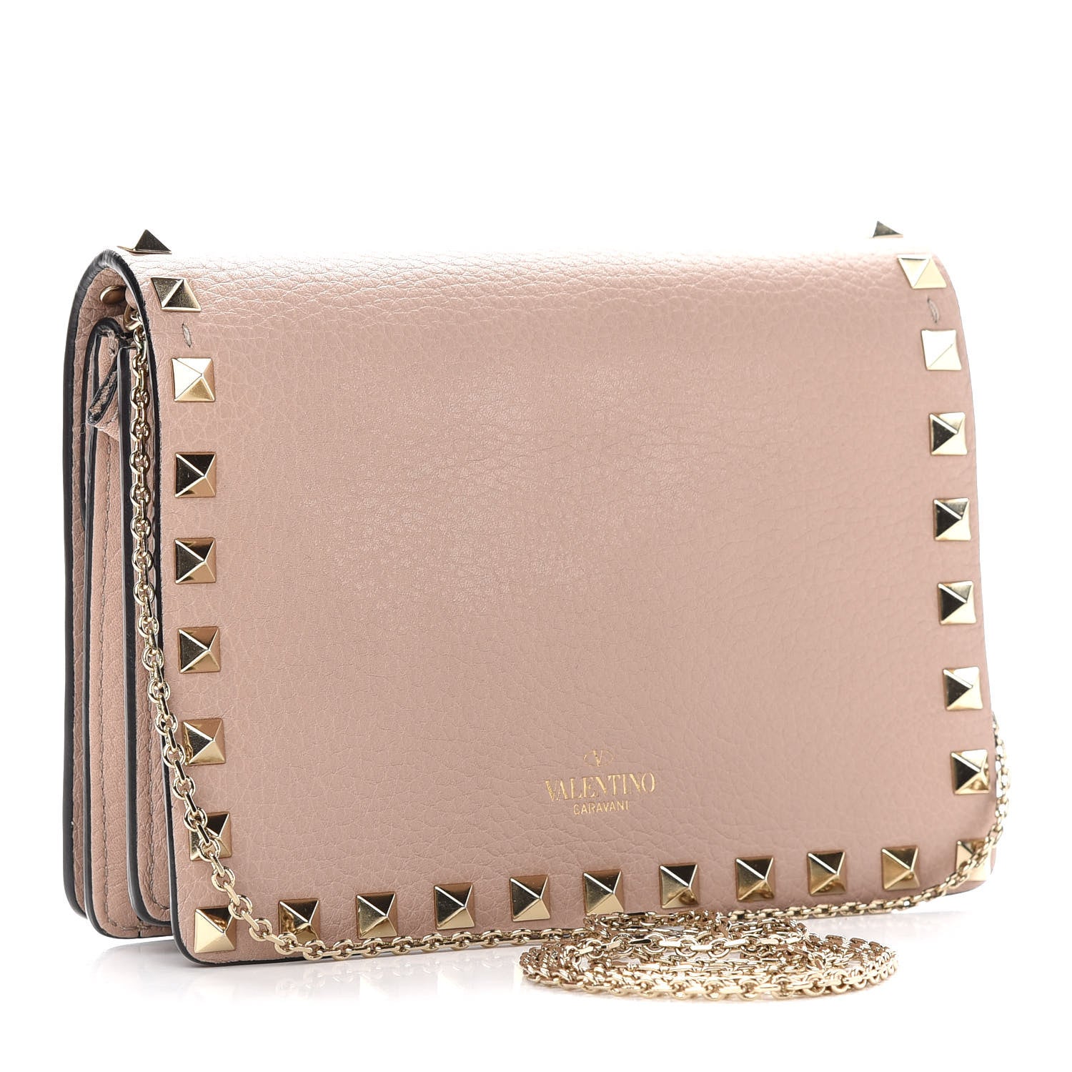 Valentino Garavani Pebbled Calfskin Rockstud Wallet on Chain Poudre 3 of 10