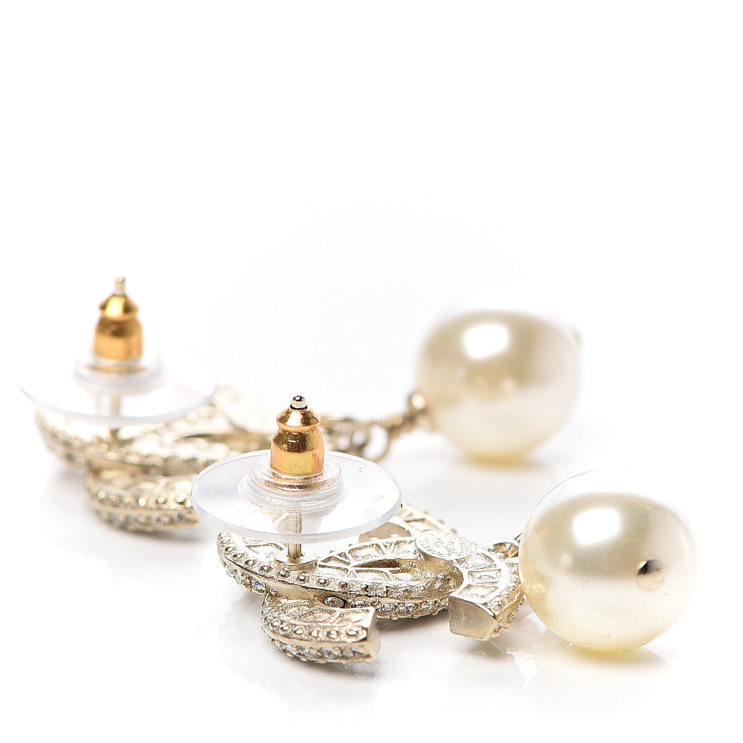 Chanel Crystal Pearl CC Drop Earrings Gold 3 of 5