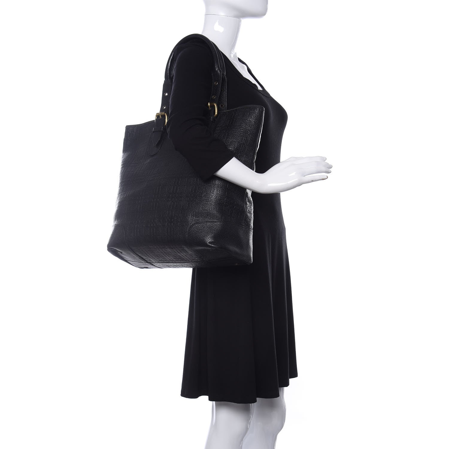 Burberry Signature Grain Calfskin Check Embossed Tote Black 2 of 12