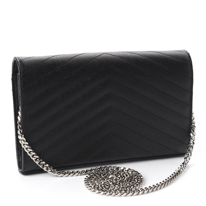 Saint Laurent Grain De Poudre Matelasse Chevron Monogram Chain Wallet Black 2 of 7