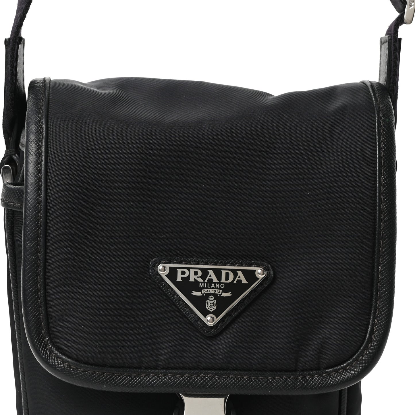 Re-Nylon Saffiano Mini Pocket Single Snap Buckle Messenger Bag Black
