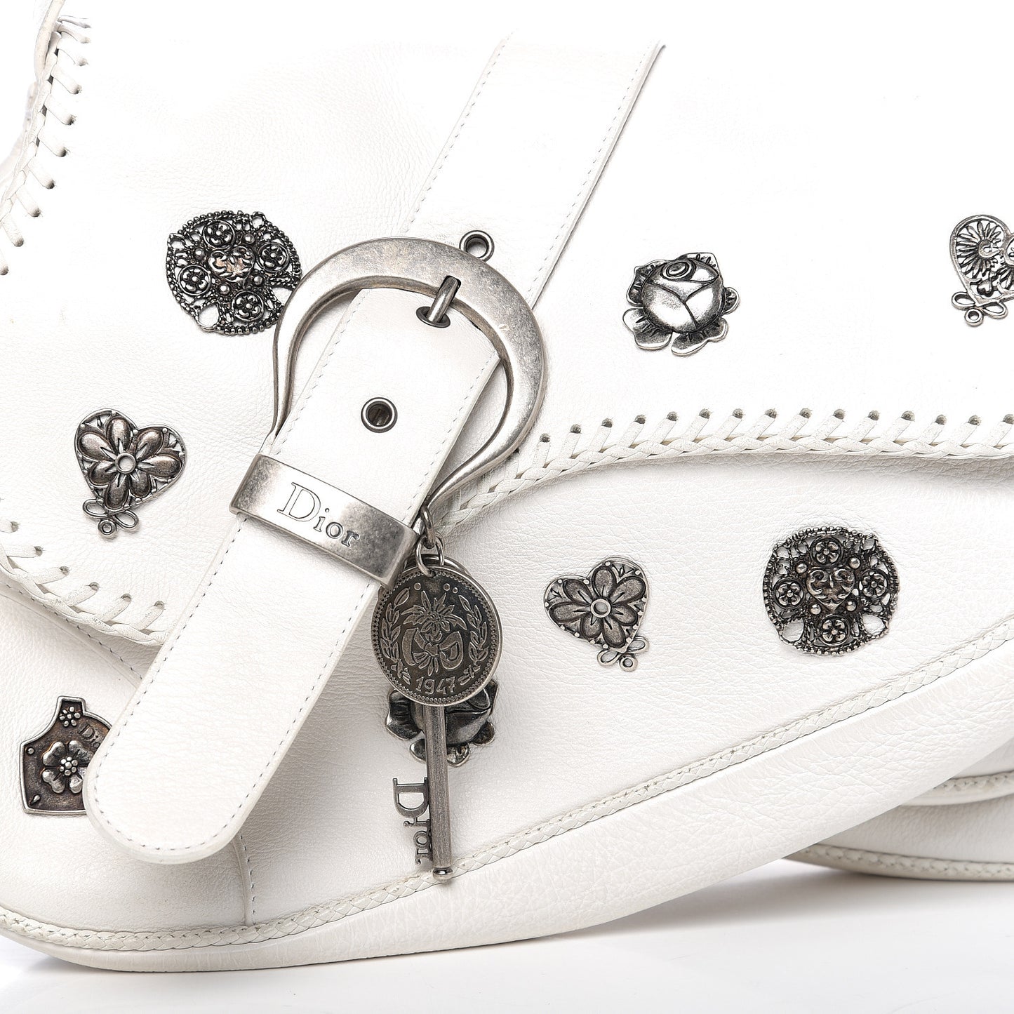 Calfskin Charms Whipstitch Gaucho Double Saddle Bag White