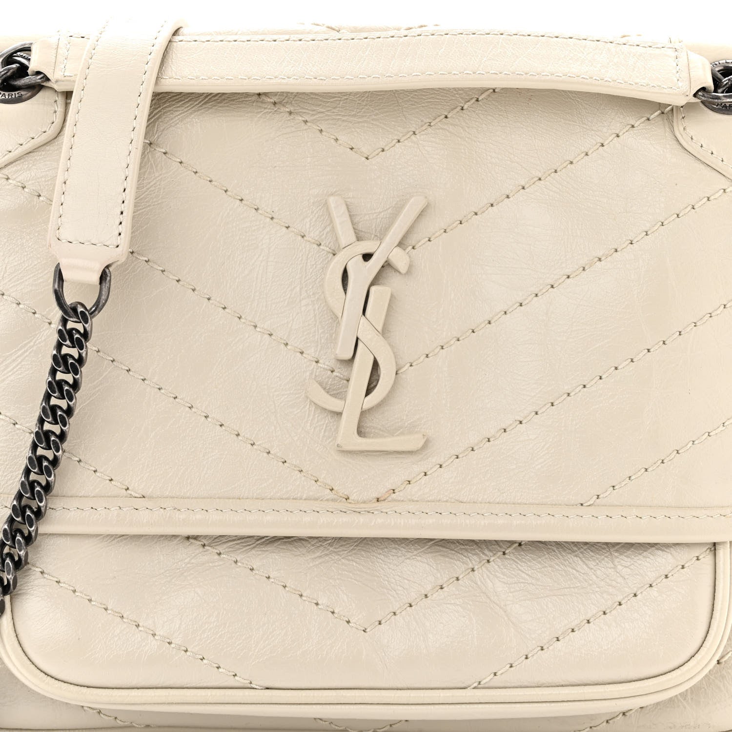 Saint Laurent Crinkled Calfskin Matelasse Monogram Baby Niki Chain Satchel Ivory 8 of 10