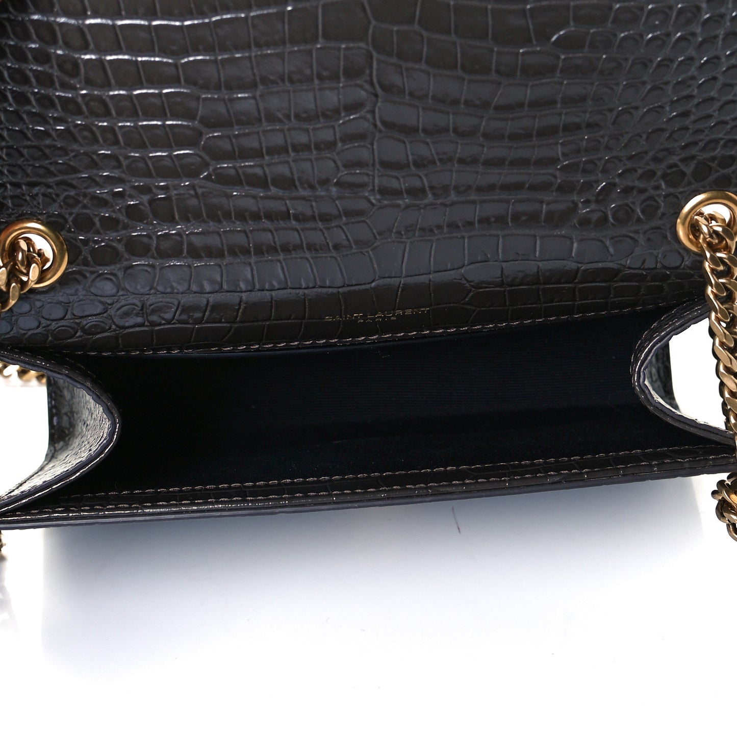 Calfskin Crocodile Embossed Small Classic Monogram Kate Tassel Satchel Pebble