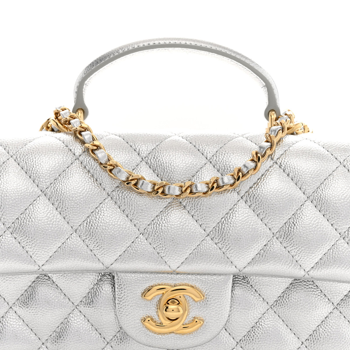 Metallic Caviar Quilted Top Handle East West Flap Silver