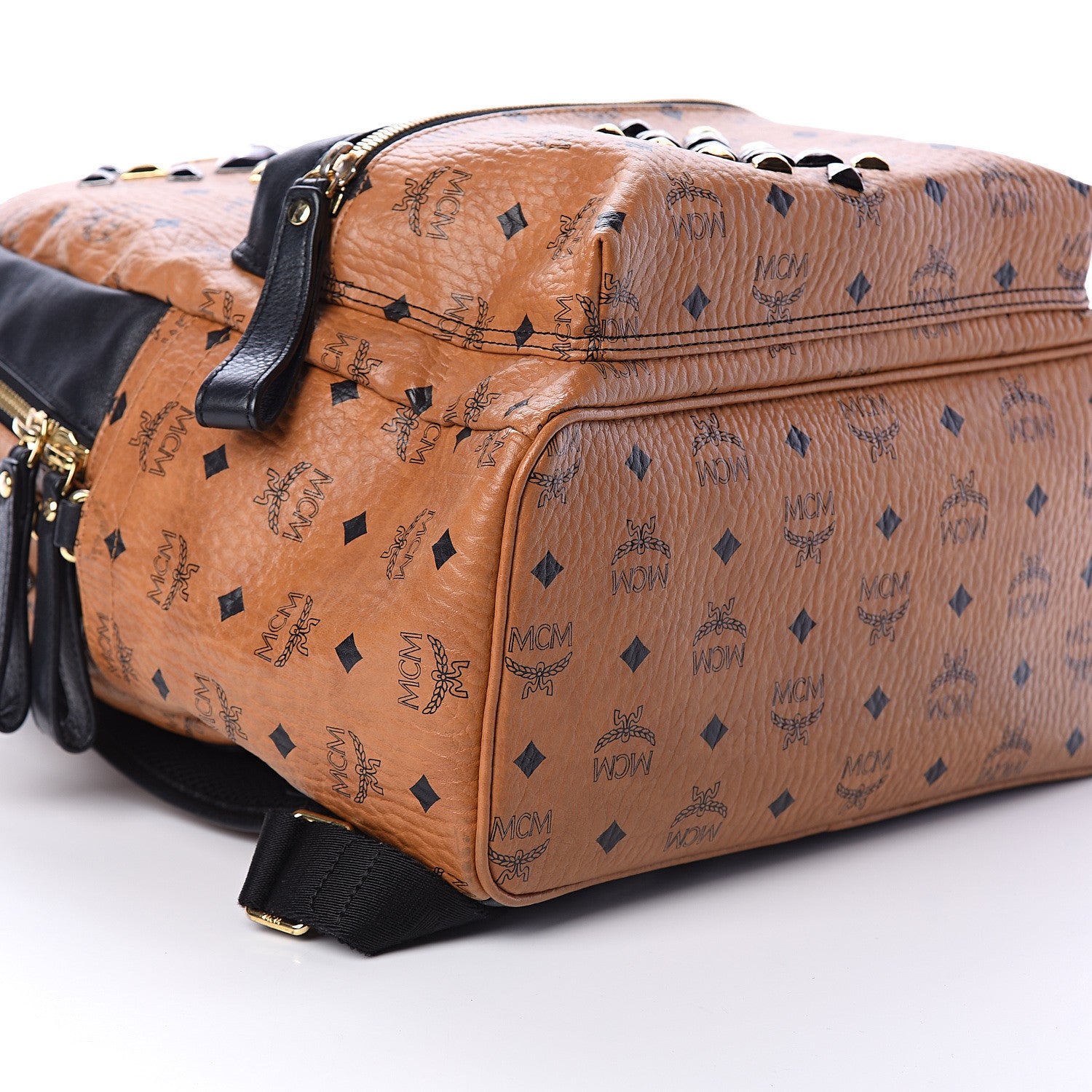 MCM Visetos Studded Colorblock Medium Stark Brock Backpack Cognac Black 7 of 8