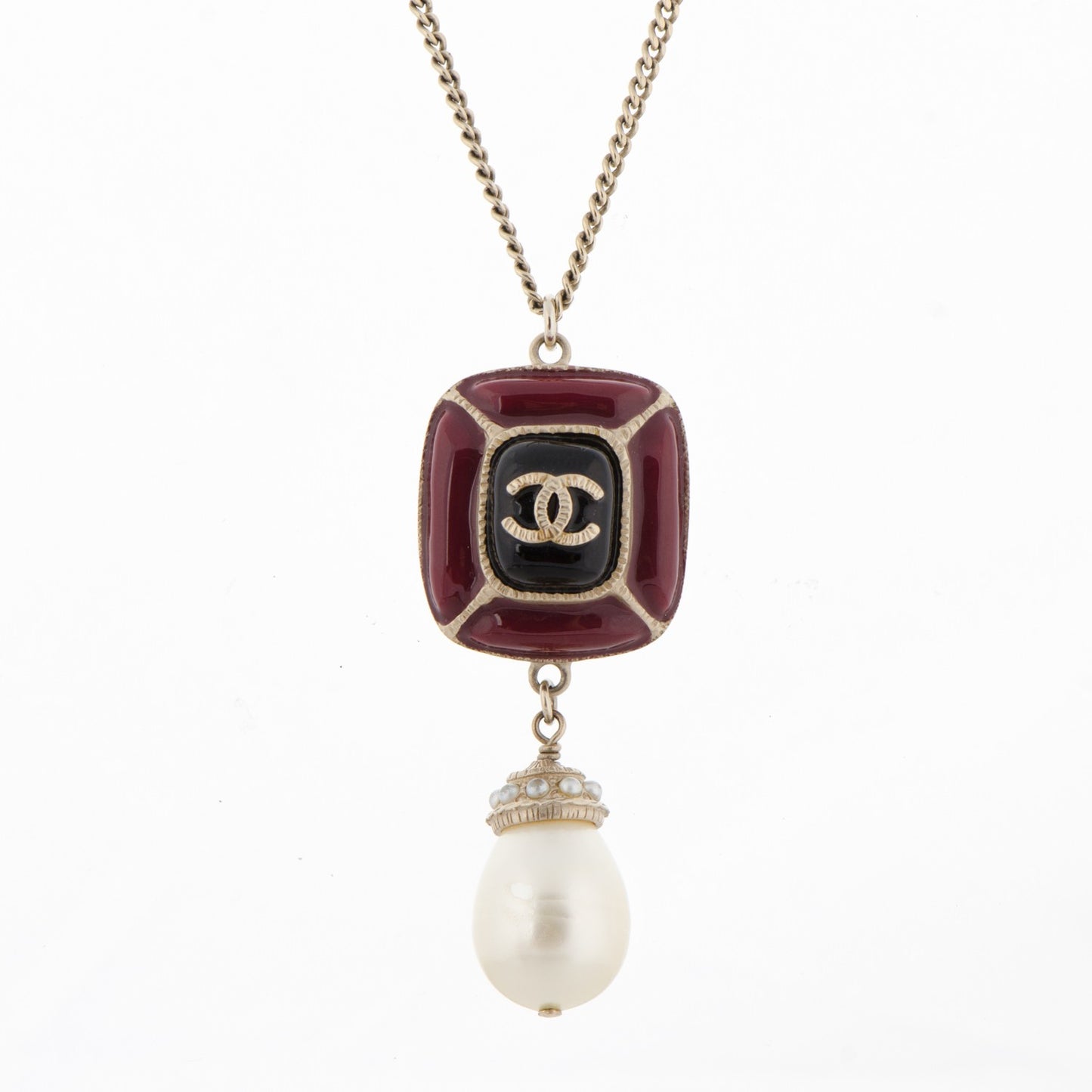 Enamel Pearl CC Pendant Necklace Gold