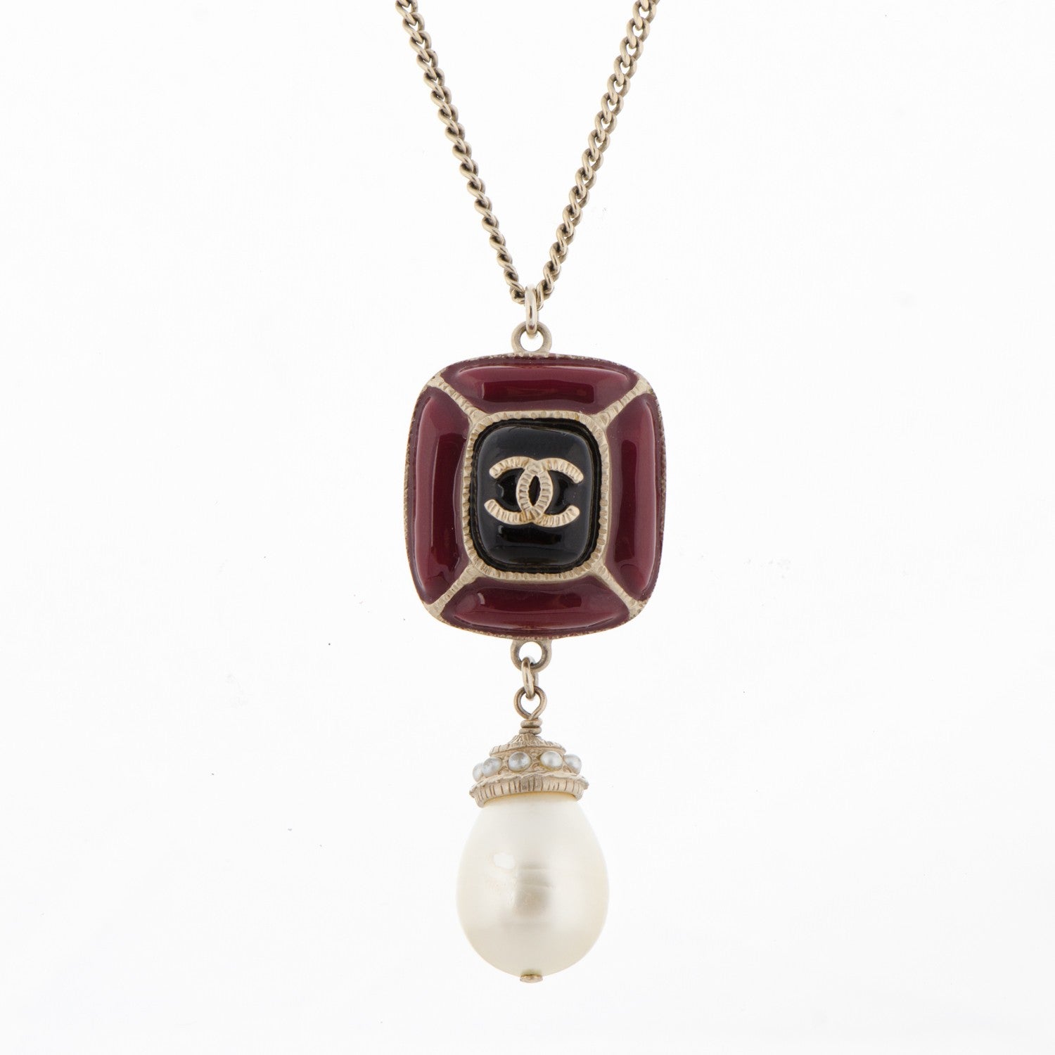 Chanel Enamel Pearl CC Pendant Necklace Gold 3 of 5