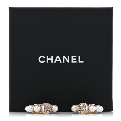 Chanel Crystal Pearl CC Hoop Earrings Gold White 5 of 5
