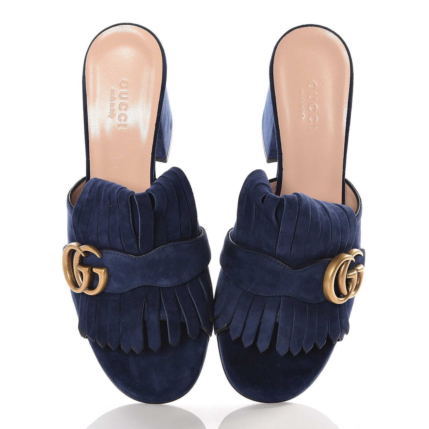 Kid Scamosciato GG Marmont Fringe 75mm Slide Sandals 37.5 Blue Ink
