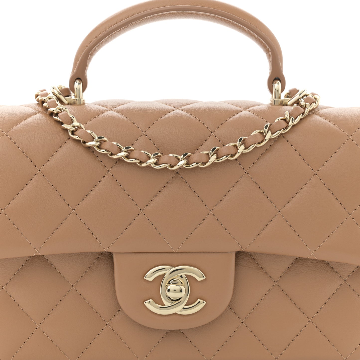 Lambskin Quilted Mini Top Handle Rectangular Flap Dark Beige