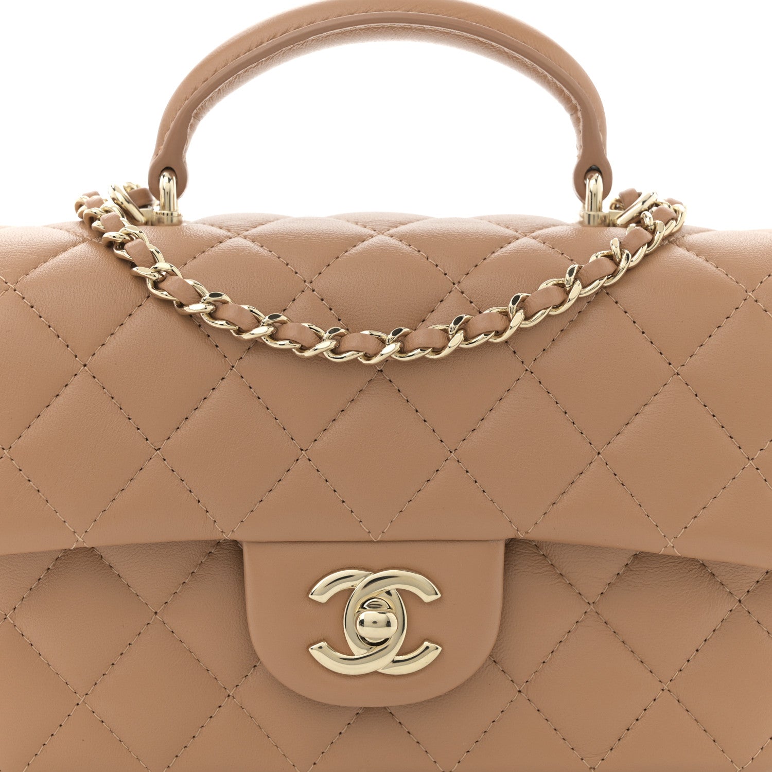 Chanel Lambskin Quilted Mini Top Handle Rectangular Flap Dark Beige 8 of 11