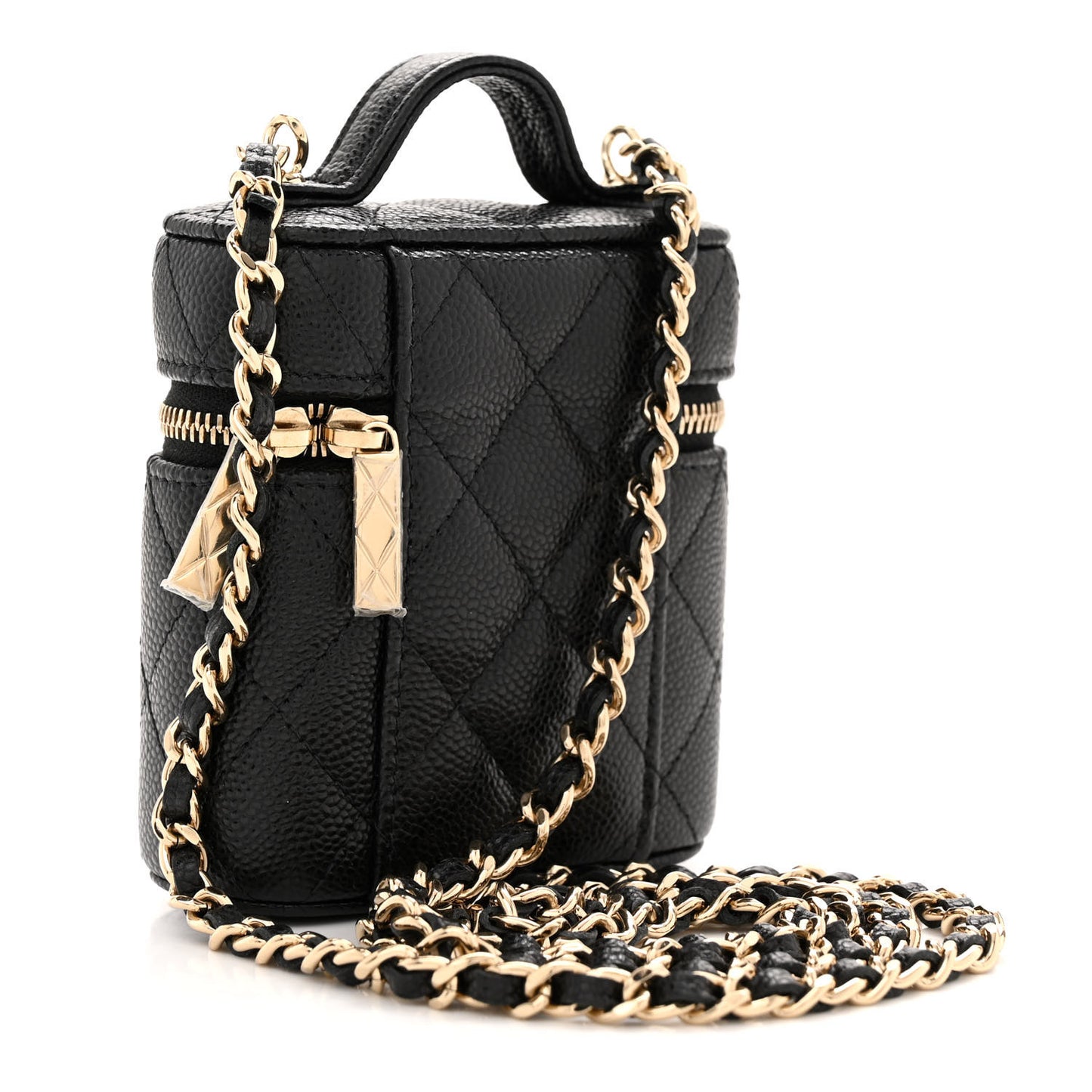 Caviar Quilted Small Handle With Care Vanity Case With Chain Black