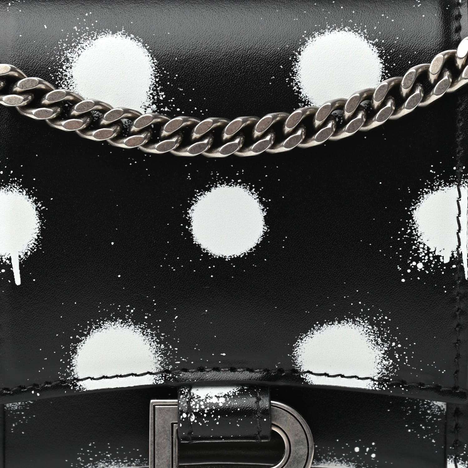 Balenciaga Shiny Box Calfskin Polka Dot Hourglass Chain Bag Black White 7 of 9