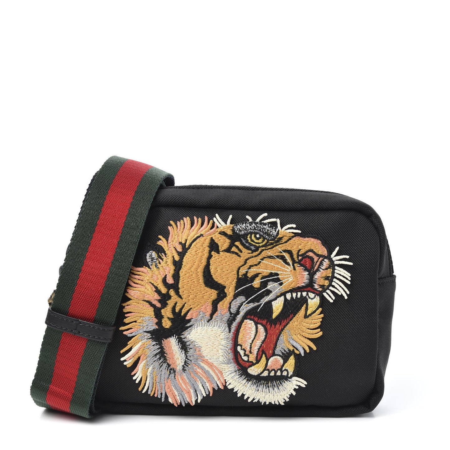 Canvas Web Tiger Embroidered Messenger Bag Black