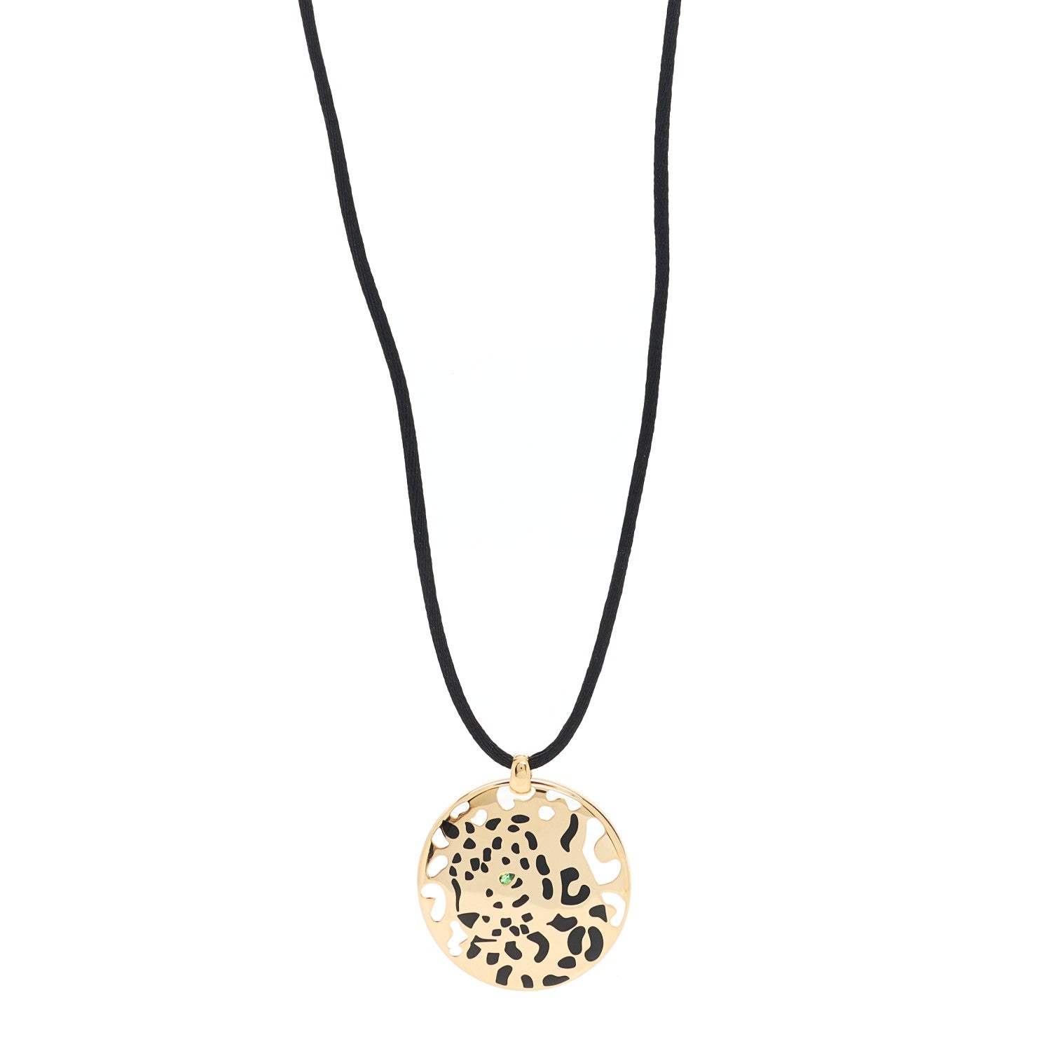Cartier 18K Yellow Gold Enamel Tsavorite Panthere De Cartier Pendant Cord Necklace 1 of 5