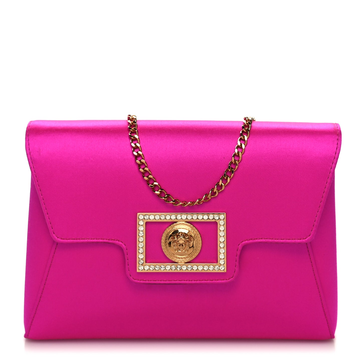Satin Crystal Embellished La Medusa Pouch On Chain Pink