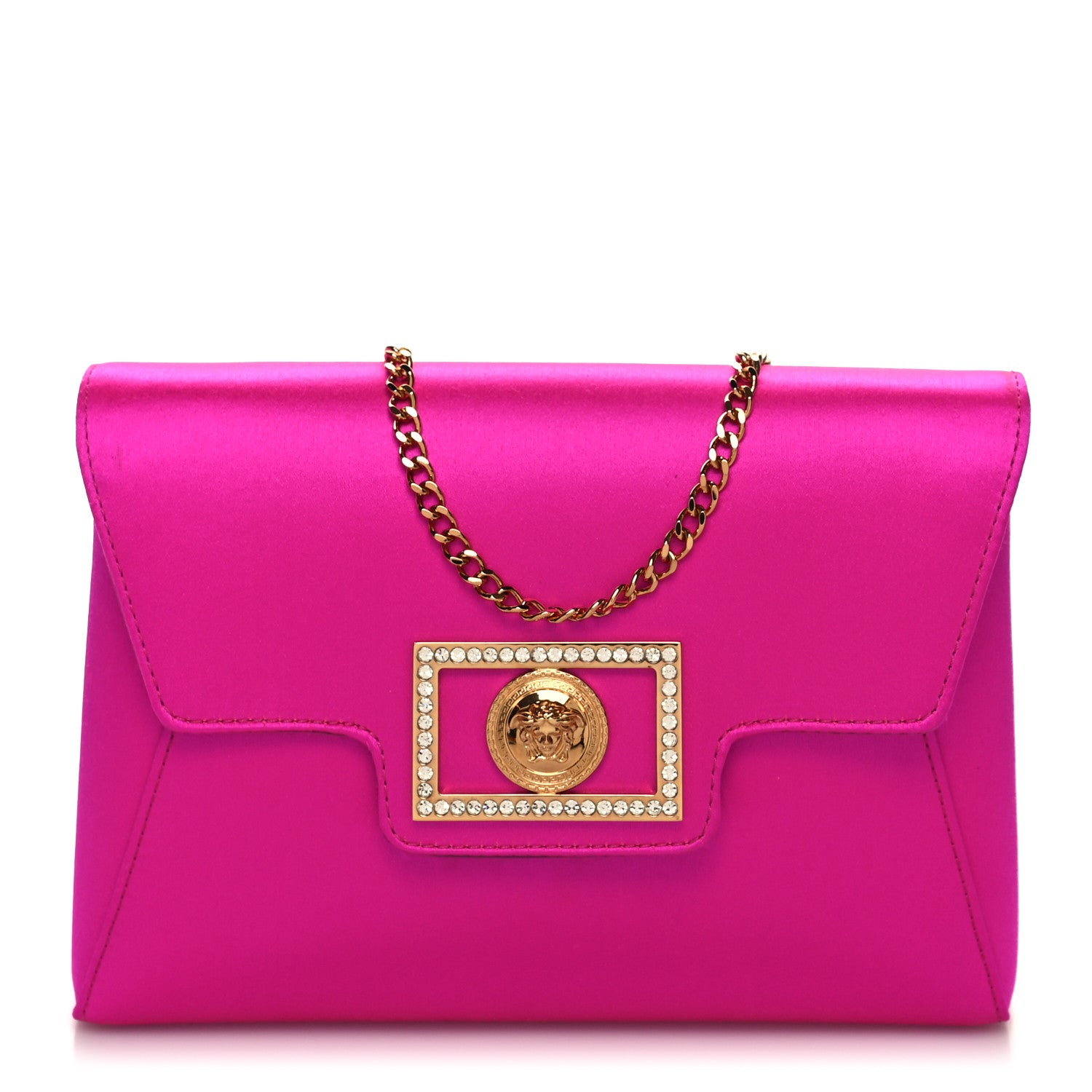 Versace Satin Crystal Embellished La Medusa Pouch On Chain Pink 1 of 10