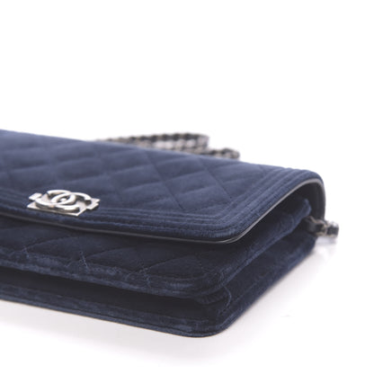Chanel Velvet Quilted Boy Wallet On Chain WOC Navy 10 of 14