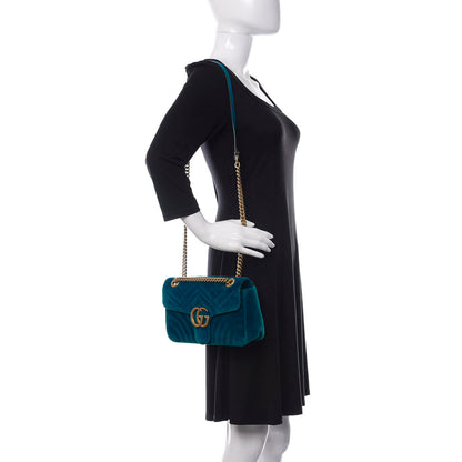 Gucci Velvet Matelasse Small GG Marmont Shoulder Bag Pavone Cyan 2 of 13