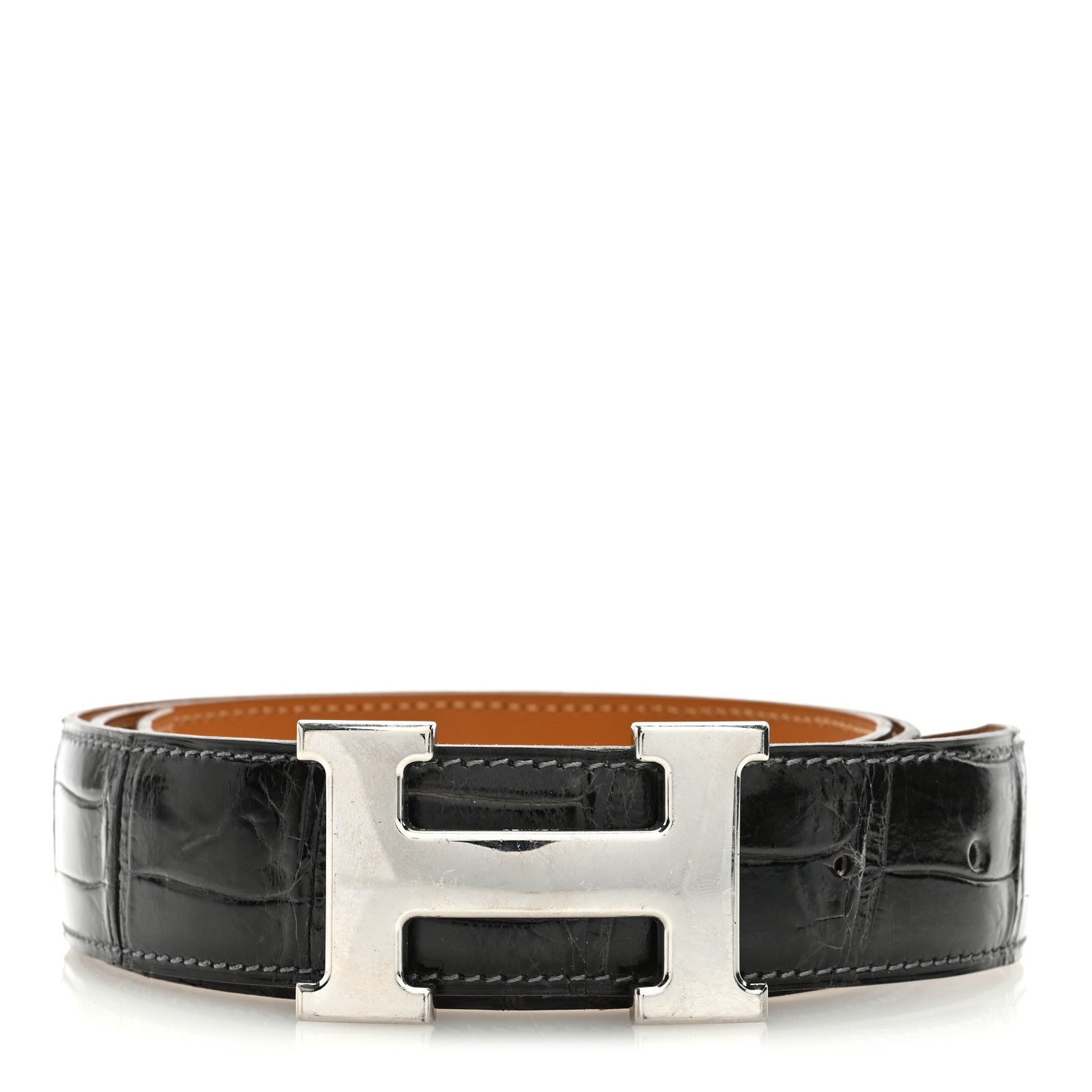 Hermes Shiny Porosus Crocodile 32mm Belt 95 Black 1 of 4